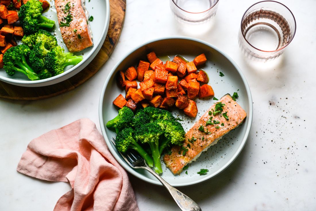 Baked Wild Salmon with Sweet Potatoes and Broccoli | Nourishing Meals®