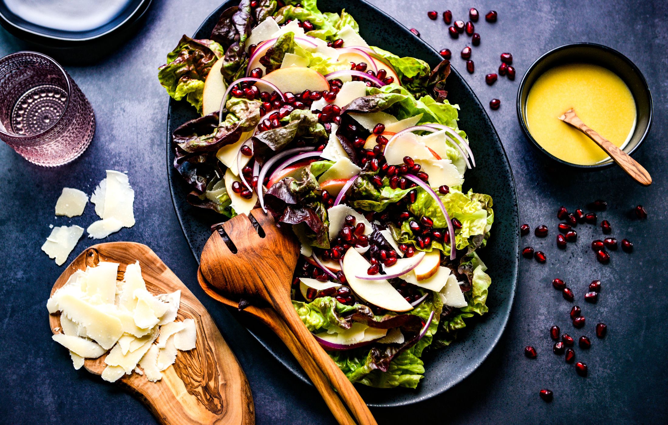 BUTTERLEAF LETTUCE POMEGRANATE HONEYCRISP APPLE PARMESAN SALAD HONEY-MUSTARD VINAIGRETTE-2