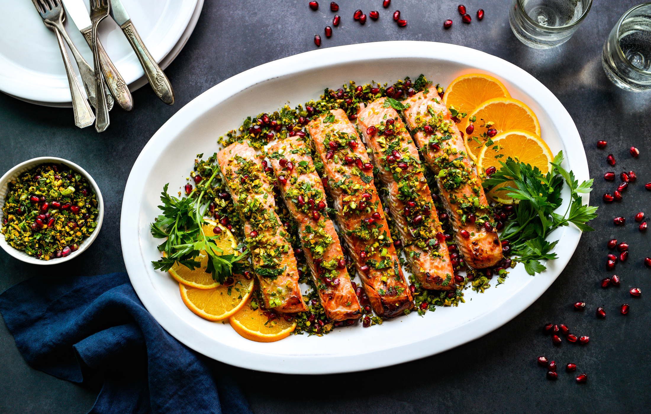 CITRUS ROASTED SALMON WITH POMEGRANATE PISTACHIO GREMOLATA-1