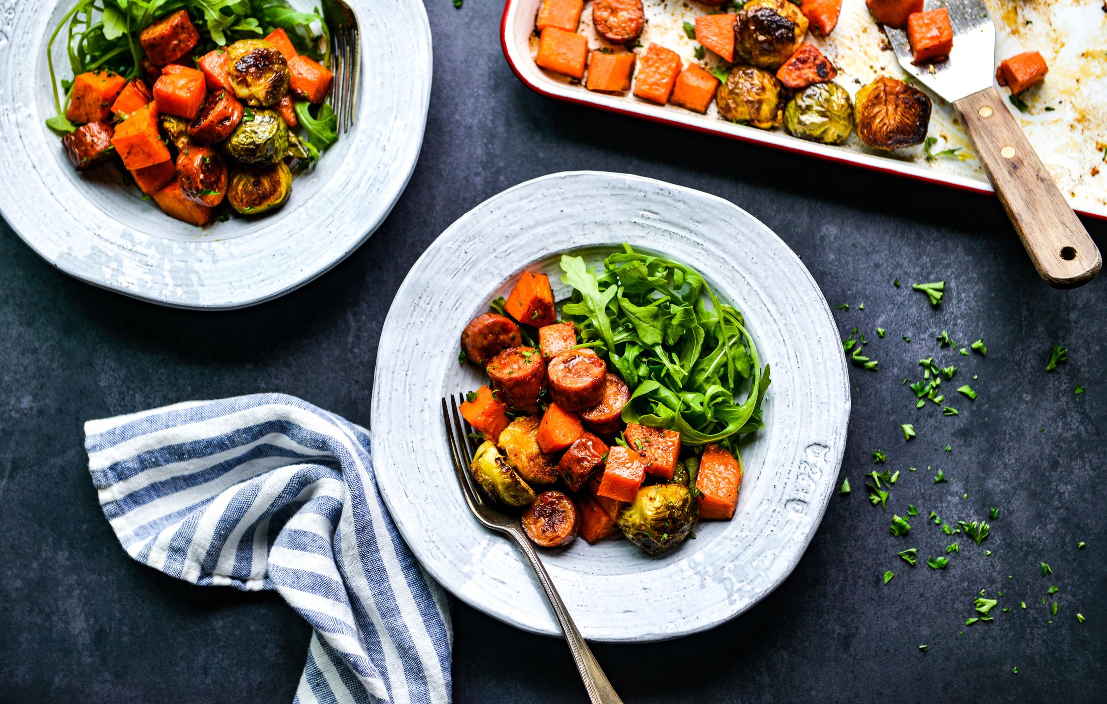 ROASTED SAUSAGE-SWEET POTATO-BRUSSELS SPROUTS-SHEET PAN-111