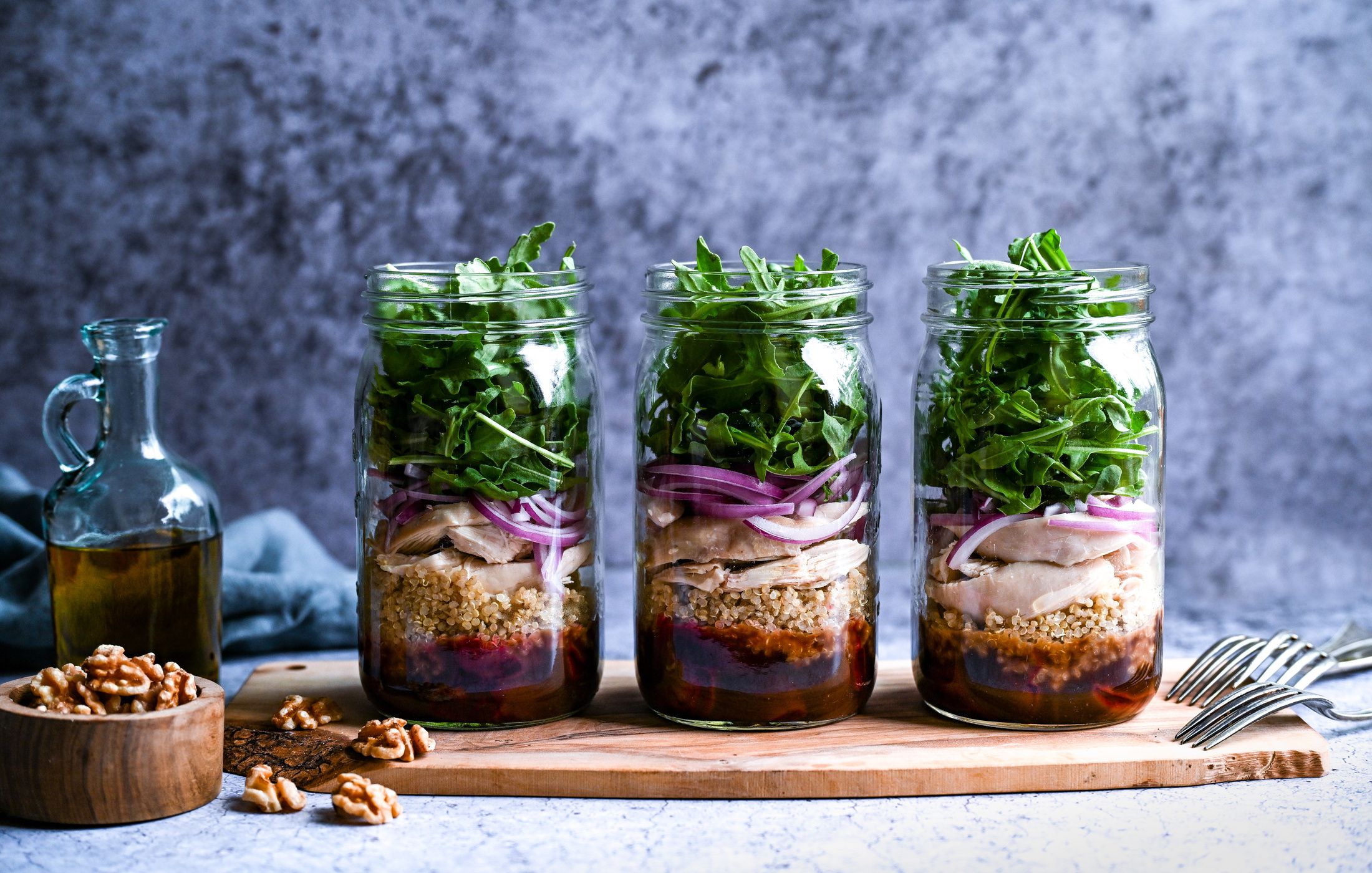 Roasted Beet Quinoa Chicken and Arugula Salad Jars-1