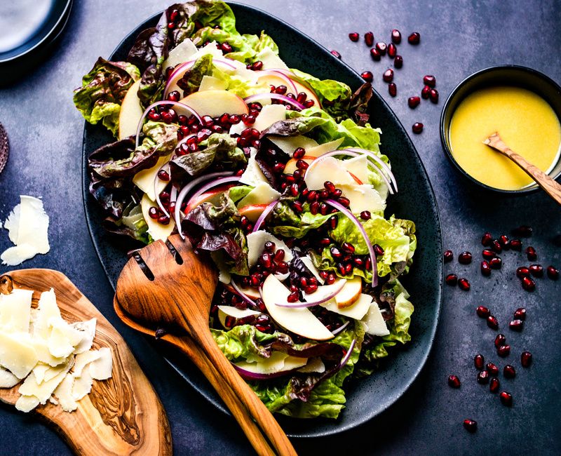 BUTTERLEAF LETTUCE POMEGRANATE HONEYCRISP APPLE PARMESAN SALAD HONEY-MUSTARD VINAIGRETTE-2