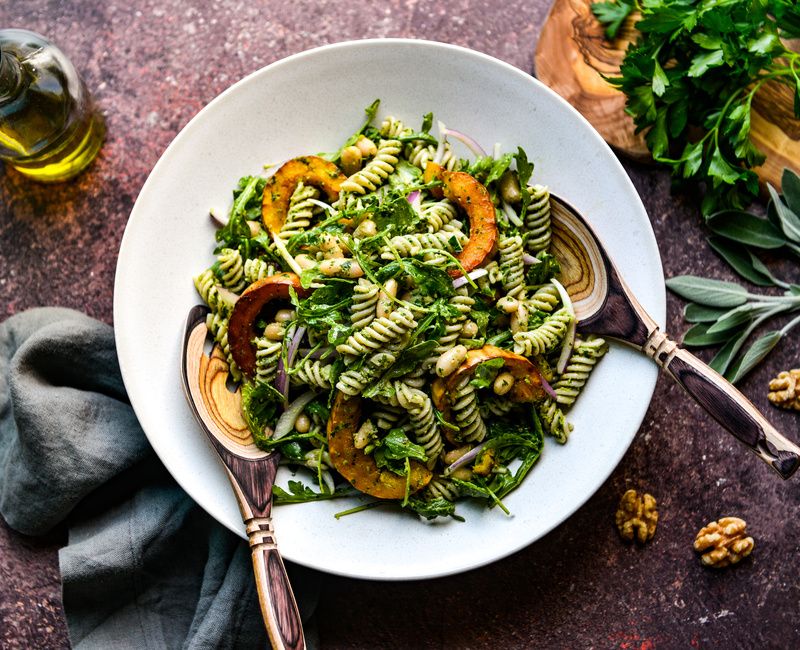 HARVEST PASTA SALAD WITH WALNUT-SAGE PESTO DAIRY-FREE VEGAN GLUTEN-FREE-1