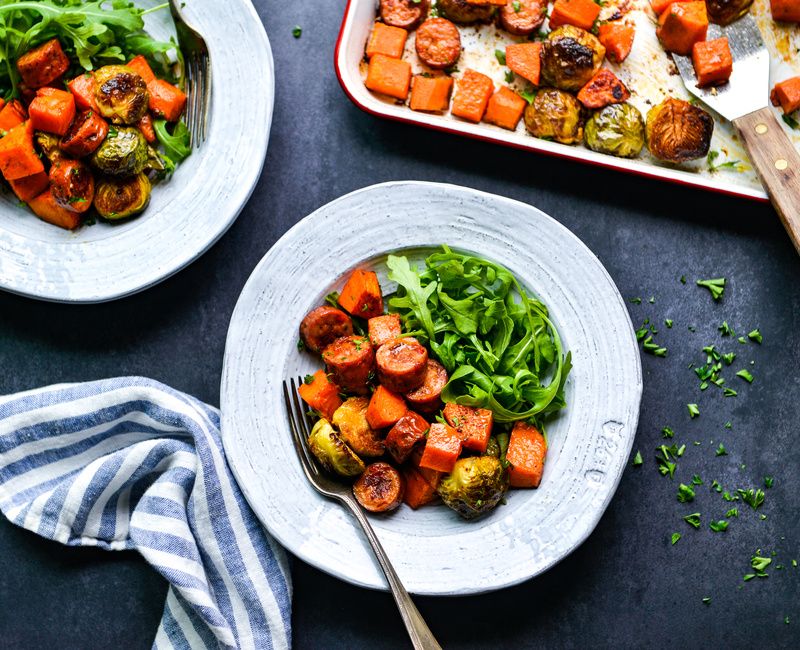 ROASTED SAUSAGE-SWEET POTATO-BRUSSELS SPROUTS-SHEET PAN-11