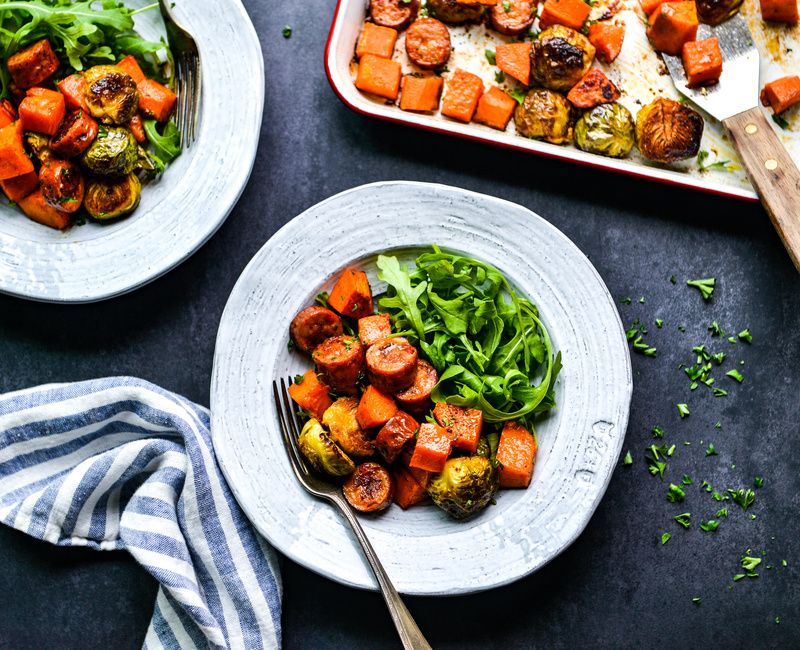 ROASTED SAUSAGE-SWEET POTATO-BRUSSELS SPROUTS-SHEET PAN-111