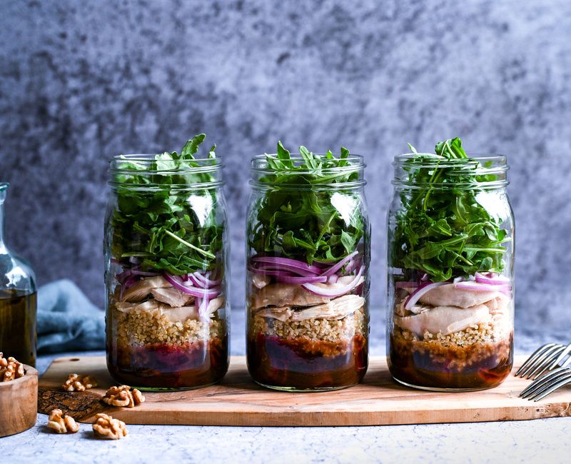 Roasted Beet Quinoa Chicken and Arugula Salad Jars-1