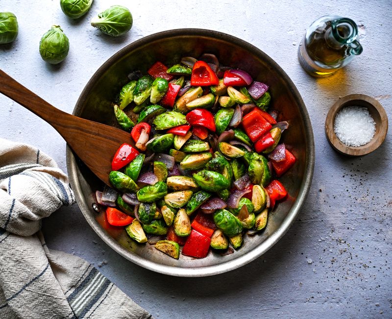 SAUTÉED BRUSSELS SPROUTS RED BELL PEPPERS RED ONIONS-1