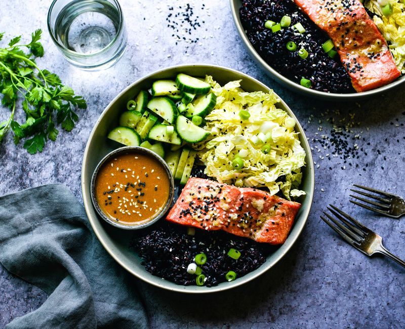 WILD SALMON BLACK RICE NAPA CABBAGE BOWLS WITH CITRUS MISO DRESSING-1